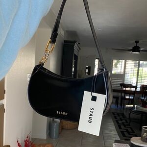 NWT STAUD Black Leather Women's Bag with Silver and Gold Detailing